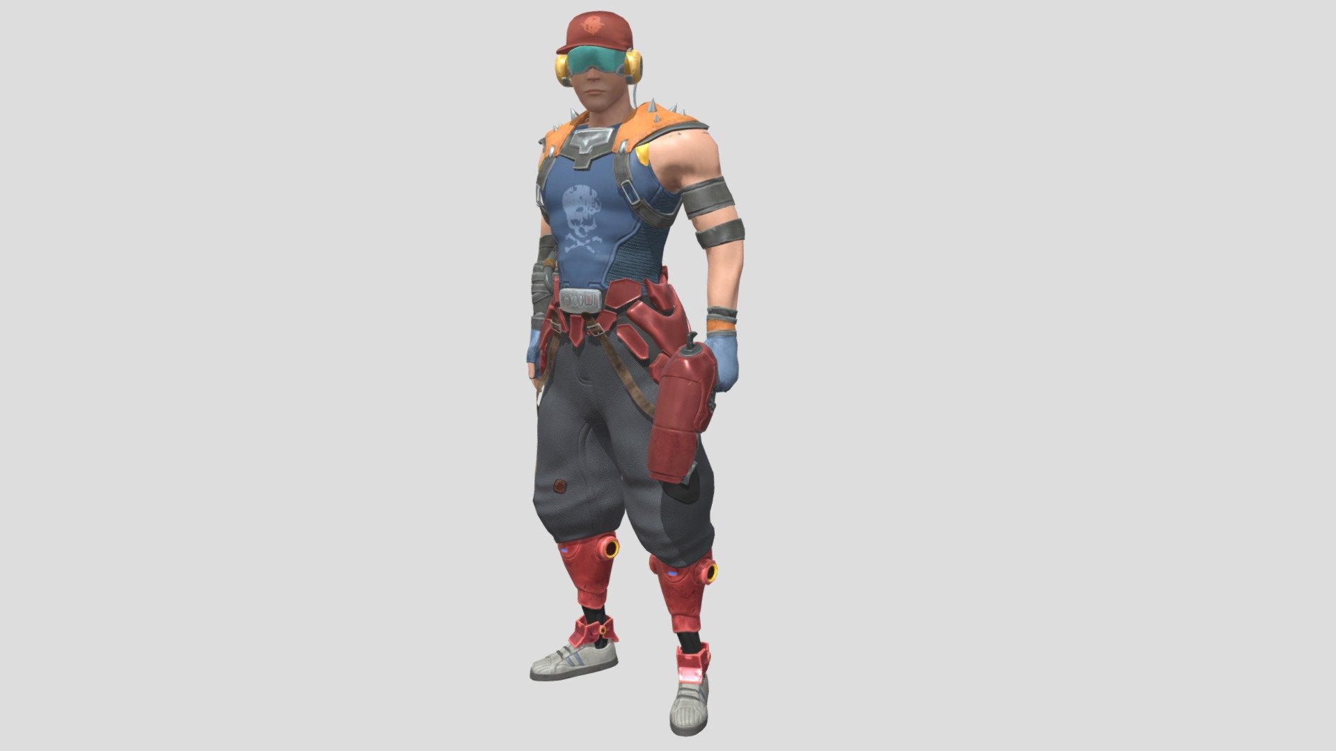 A stylised character wearing goggles, a red cap and colourful mechanical armour.