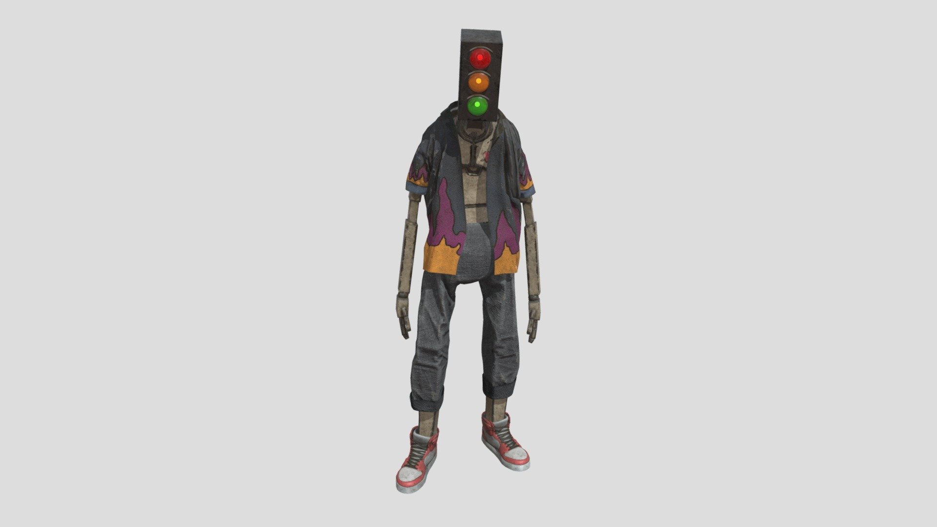 A 3D robot character with a traffic-light head, patterned shirt and red trainers.
